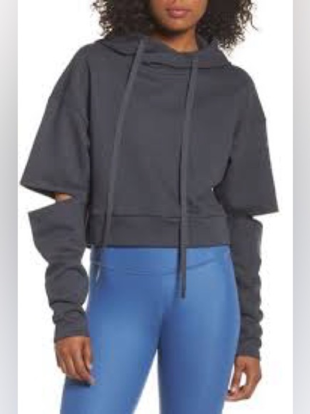 Alo Charcoal Cropped Hooded Sweatshirt with Cutout Sleeves